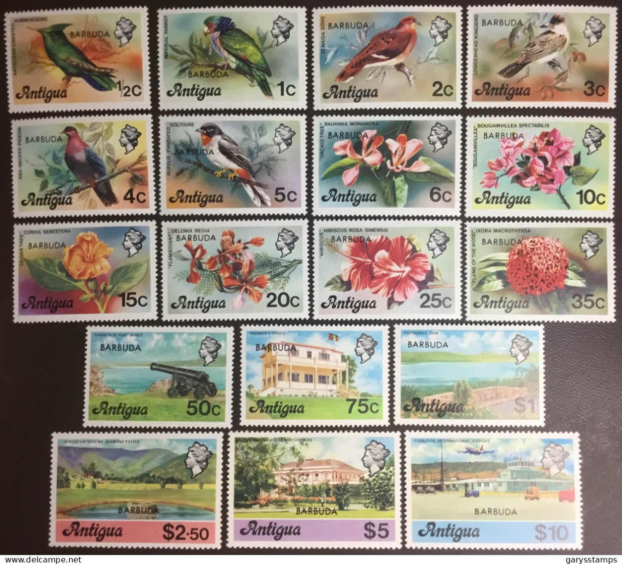 Barbuda 1977 Overprint Definitives Set Birds Flowers MNH - Barbuda (...-1981)