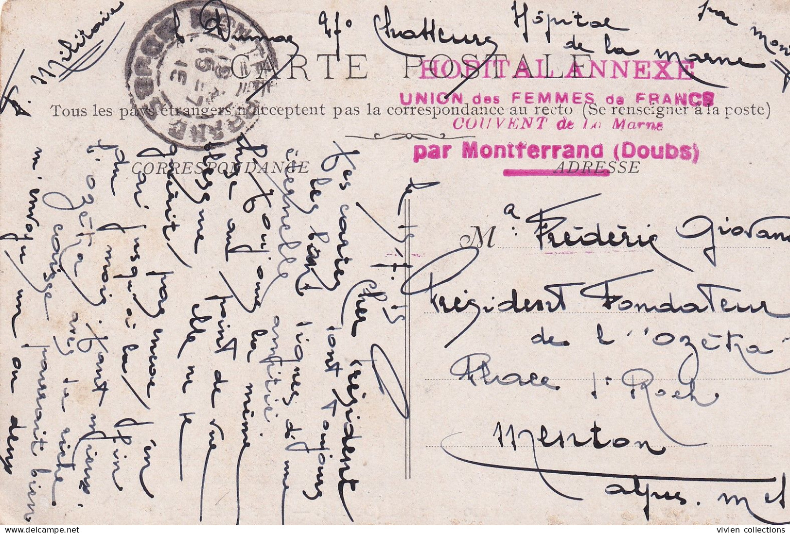 Couvent De La Marne Par Montferrand (25) Tampon Hôpital Annexe Union Des Femmes De France Envoi 27e Chasseur Pour Menton - Guerra Del 1914-18