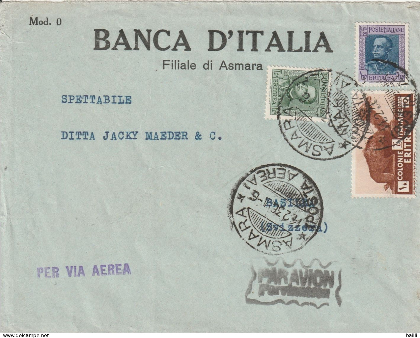 Eritrée Lettre Par Avion Asmara Pour La Suisse 1936 - Eritrée
