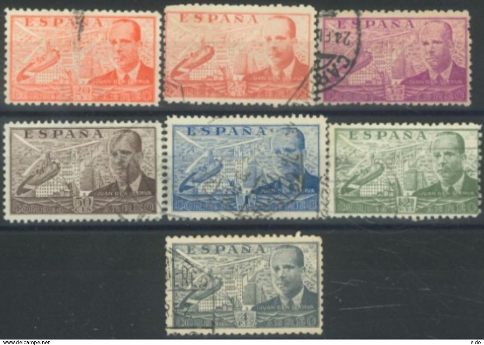 SPAIN, 1939, JUAN LA CIERVA STAMPS COMPLETE SET OF 7, # C100/108, USED. - Used Stamps