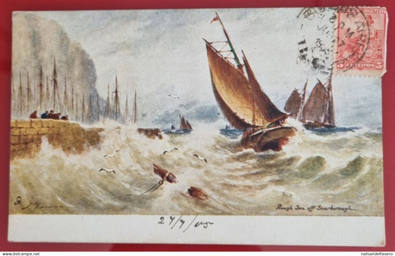 Carta Postale Circulée 1905, ARGENTINA - DESSIN DE VOILIERS NAVIGUANT AU MILIEU DE LA TEMPÊTE PRÈS DE LA CÔTE - Péniches