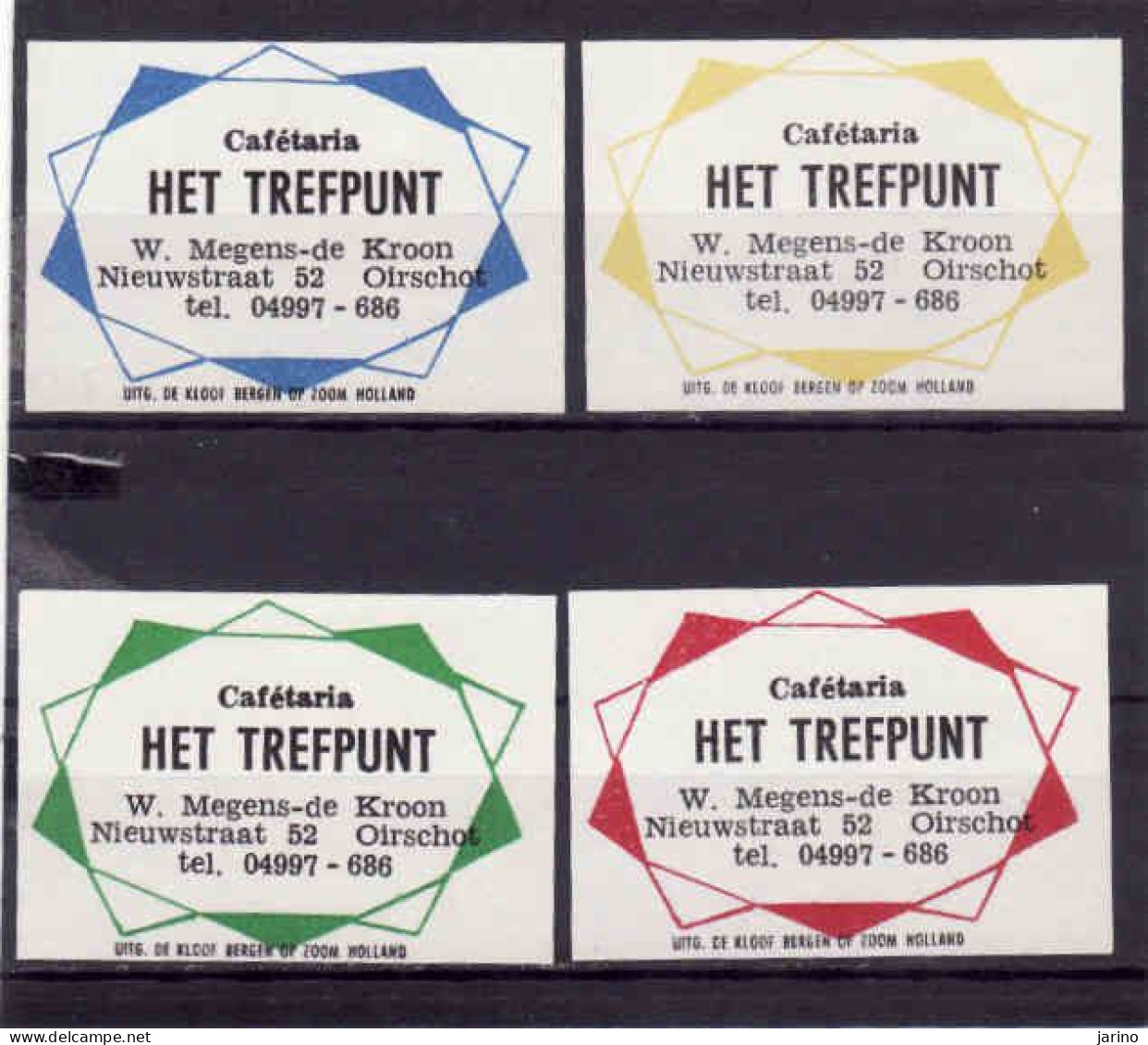 4 Dutch Matchbox Labels, OIRSCHOT - North Brabant, Cafétaria HET TREFPUNT, W. Megens-de Kroon, Holland, Netherlands - Matchbox Labels