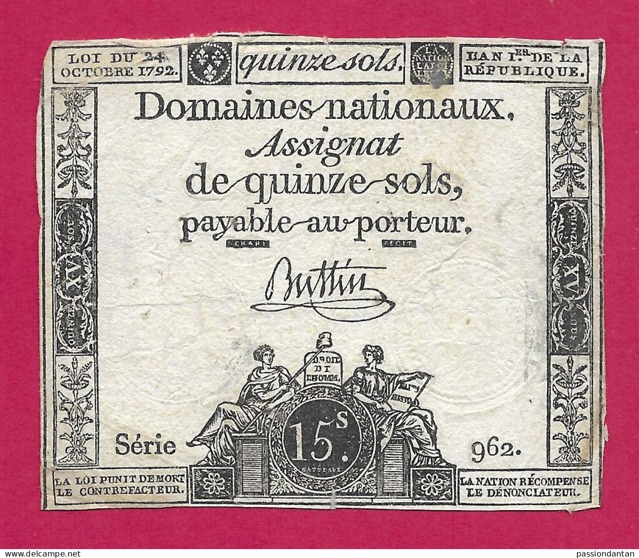 Assignat De Quinze Sols - Série 962 - Signé Buttin - Assignats