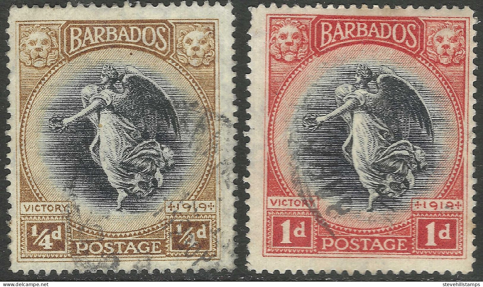 Barbados. 1920-1 Victory. ¼d, 1d Used. SG 201,203. M4078 - Barbados (...-1966)