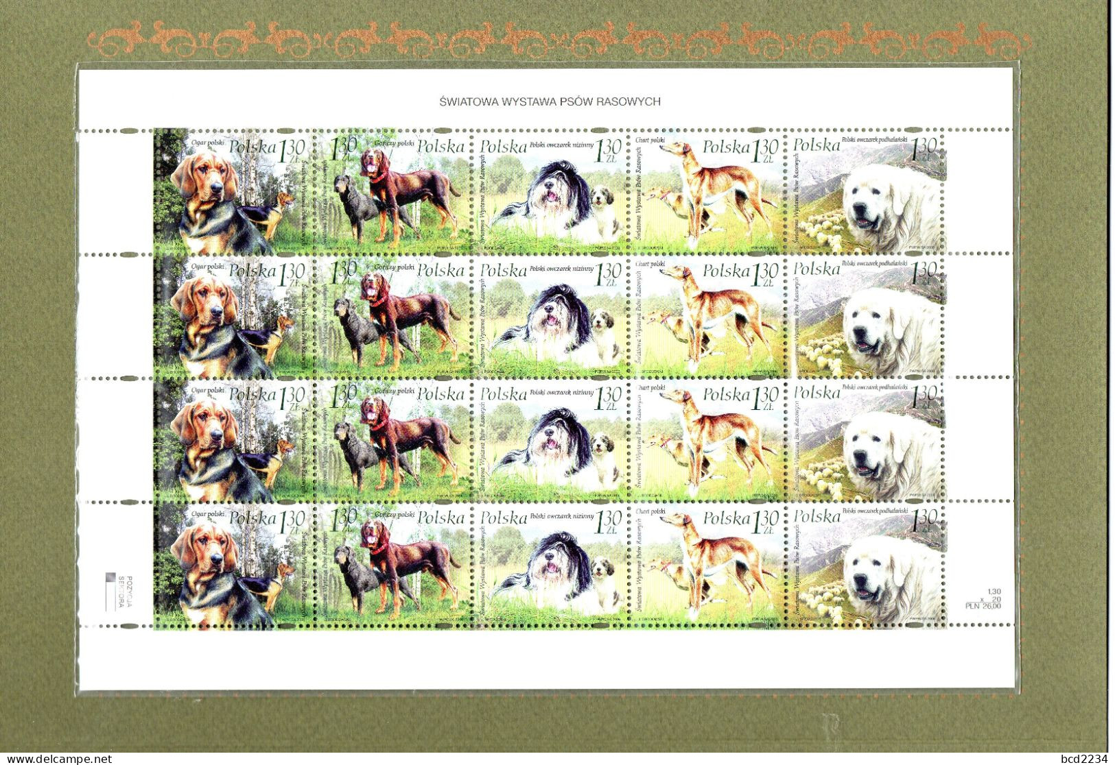 POLAND 2006 RARE POLISH POST OFFICE LIMITED EDITION FOLDER: SHEET OF 20 STAMPS OF WORLD EXHIBITION SHOW PEDIGREE DOGS - Covers & Documents