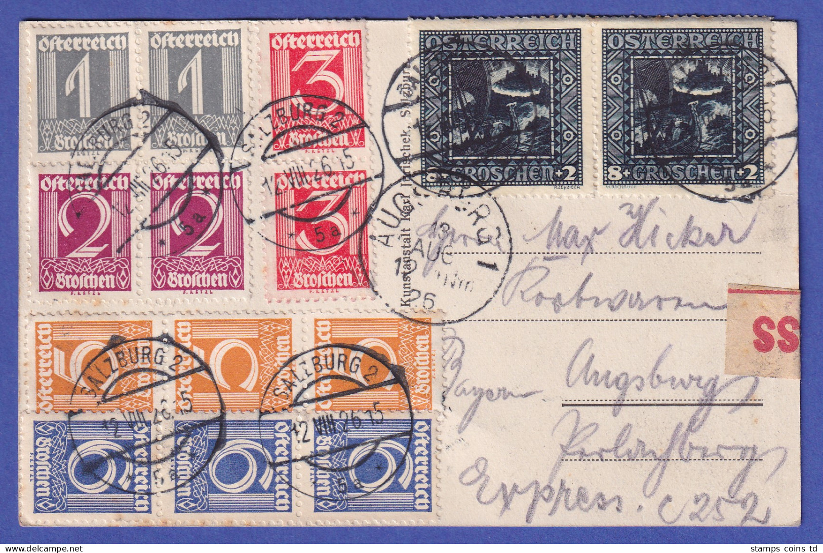 Österreich 1926 Mi.-Nr. 498 I U.a. Auf AK Salzburg Express-gel. Nach Augsburg - Briefe U. Dokumente