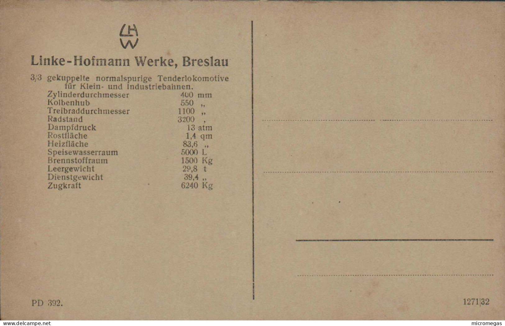 Linke-Hofmann Werke, Breslau - 3/3 Gek. Normalspurige Tenderlokomotive Für Klein Und Industriebahnen - Eisenbahnen