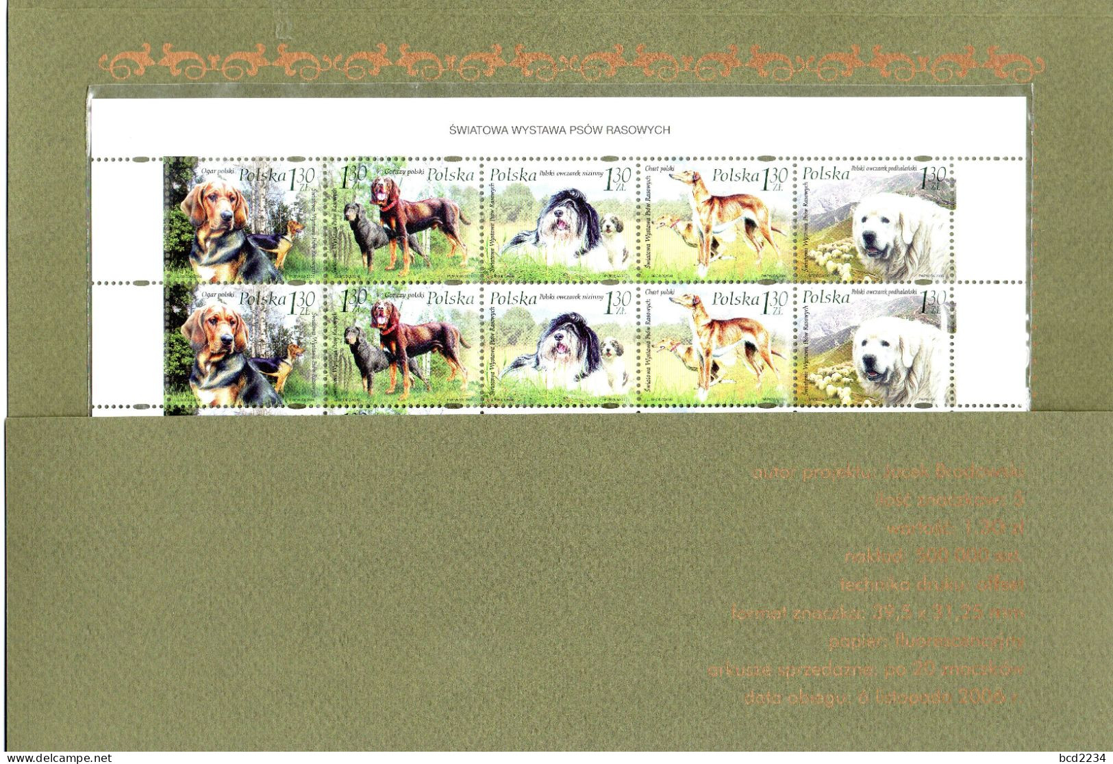 POLAND 2006 RARE POLISH POST OFFICE LIMITED EDITION FOLDER: SHEET OF 20 STAMPS OF WORLD EXHIBITION SHOW PEDIGREE DOGS - Blocs & Feuillets