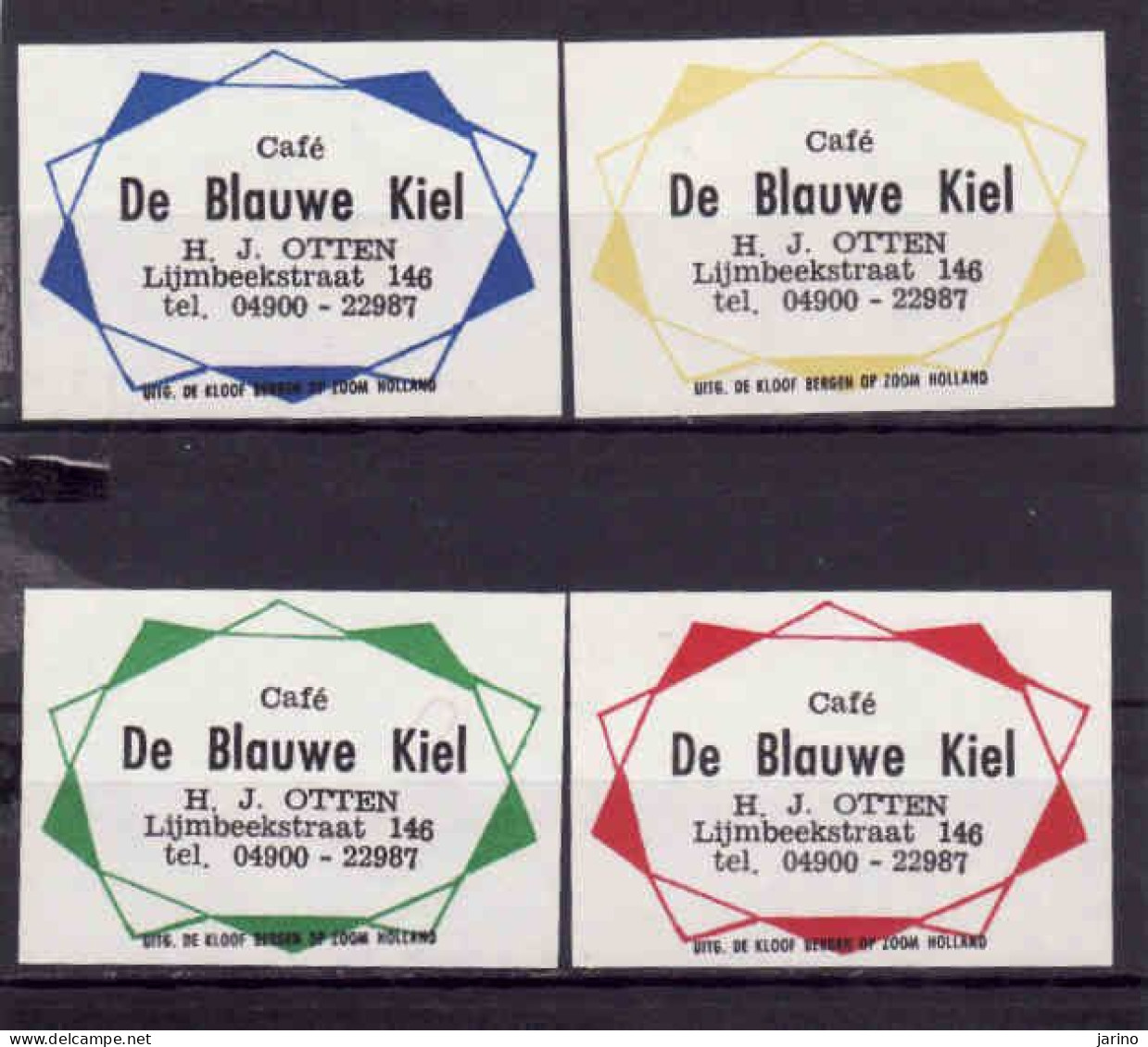 4 Dutch Matchbox Labels, DE KIEL - Drenthe, Café De Blauwe Kiel, H. J. Otten, Holland, Netherlands - Luciferdozen - Etiketten