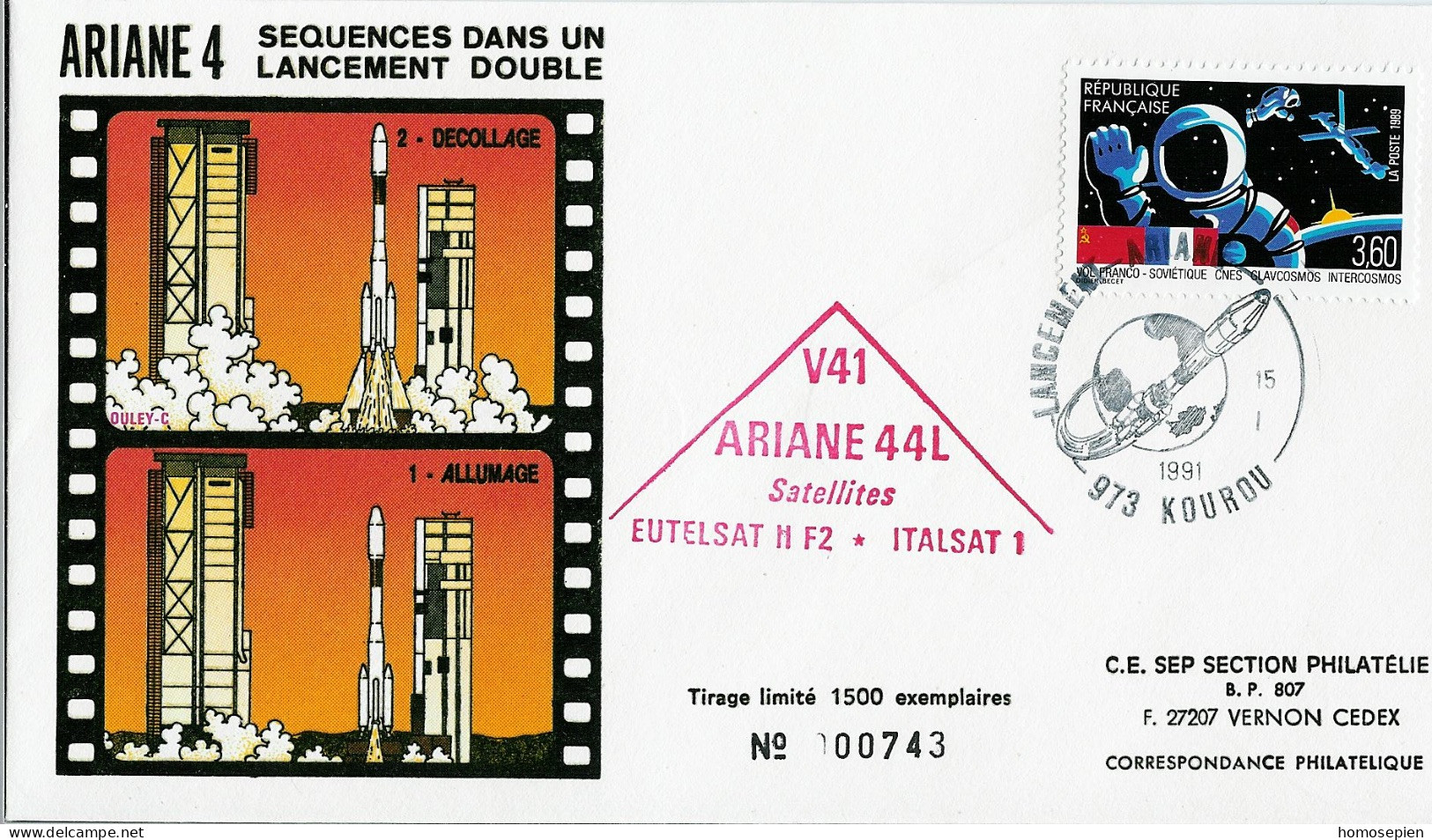 Espace 1991 01 16 - SEP - Ariane V41 - Enveloppe - Europe