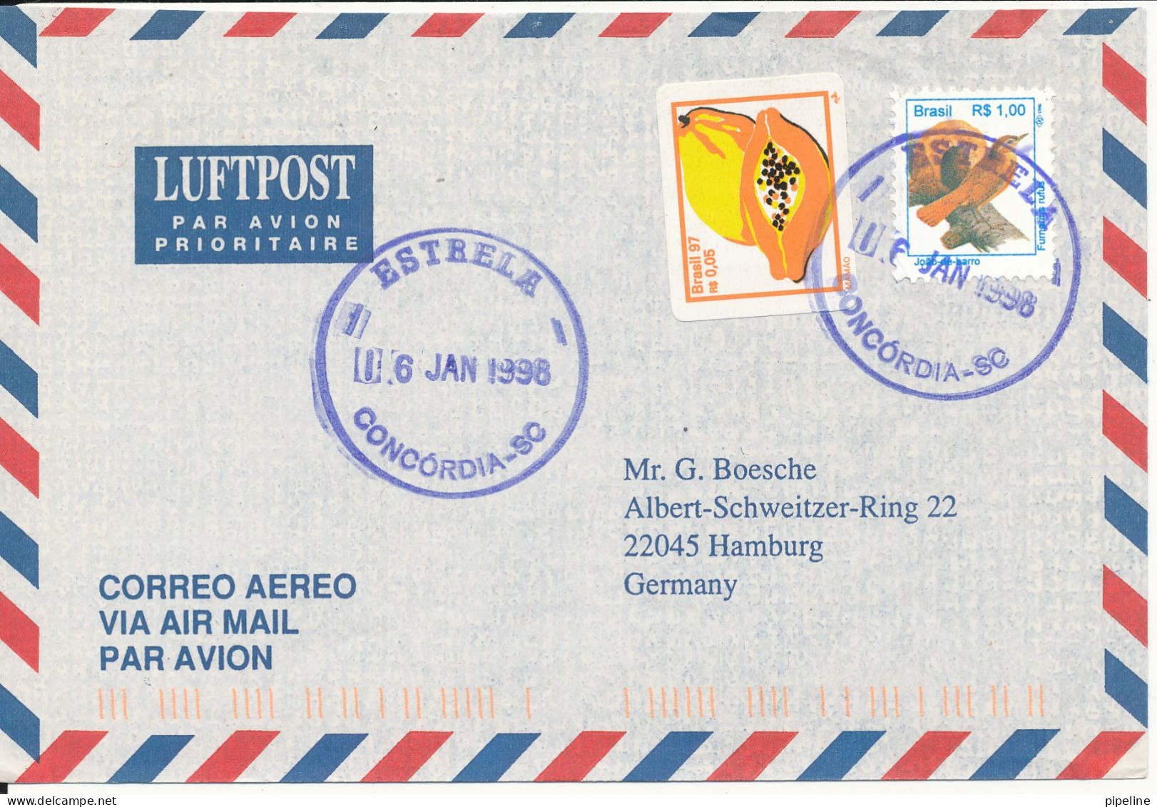 Brazil Air Mail Cover Sent To Germany 6-1-1998 Topic Stamps - Aéreo