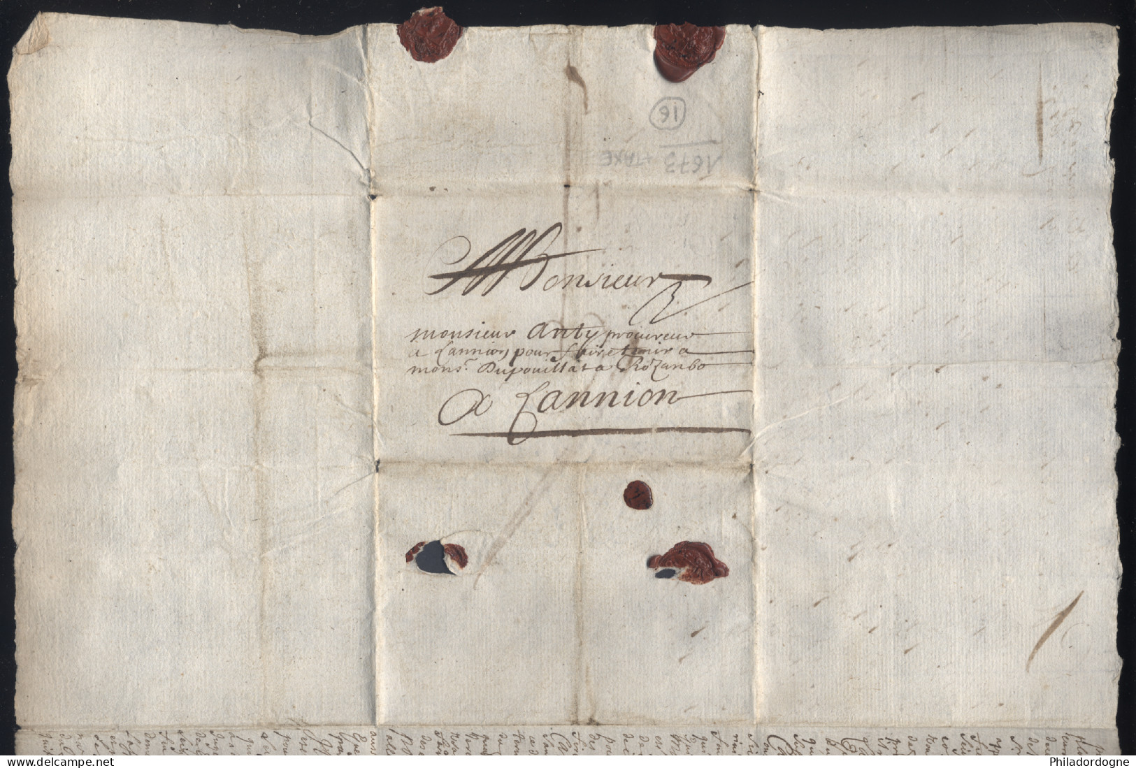 1673 Lettre Complète avec Correspondance de Vannes pour Lannion - Taxe 3 (peut etre envoyée avec ou sans l'encart)