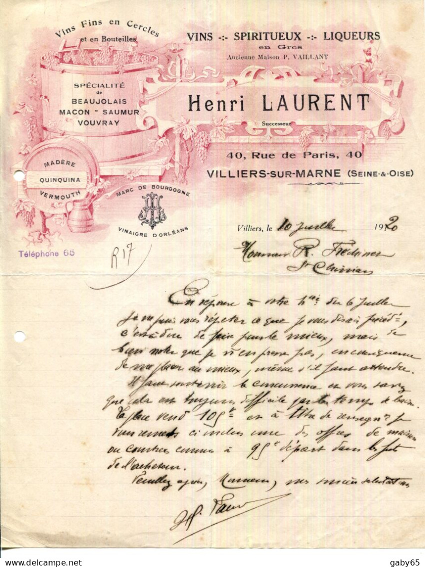 FACTURE.78.VILLIERS SUR MARNE.VINS.SPIRITUEUX.LIQUEURS.HENRI LAURENT 40 RUE DE PARIS. - Lebensmittel