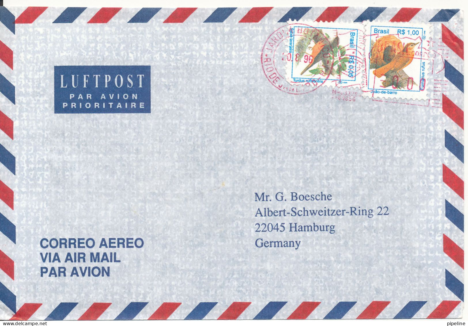 Brazil Air Mail Cover Sent To Germany 20-8-1996 Topic Stamps BIRDS - Luftpost