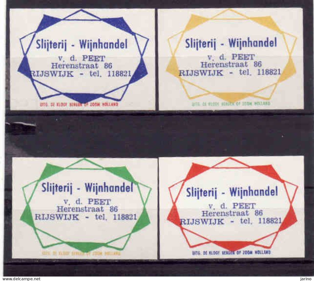 4 Dutch Matchbox Labels, RIJSWIJK - South Holland, Slijterij - Wijnhandel, V. D. Peet, Holland, Netherlands - Luciferdozen - Etiketten