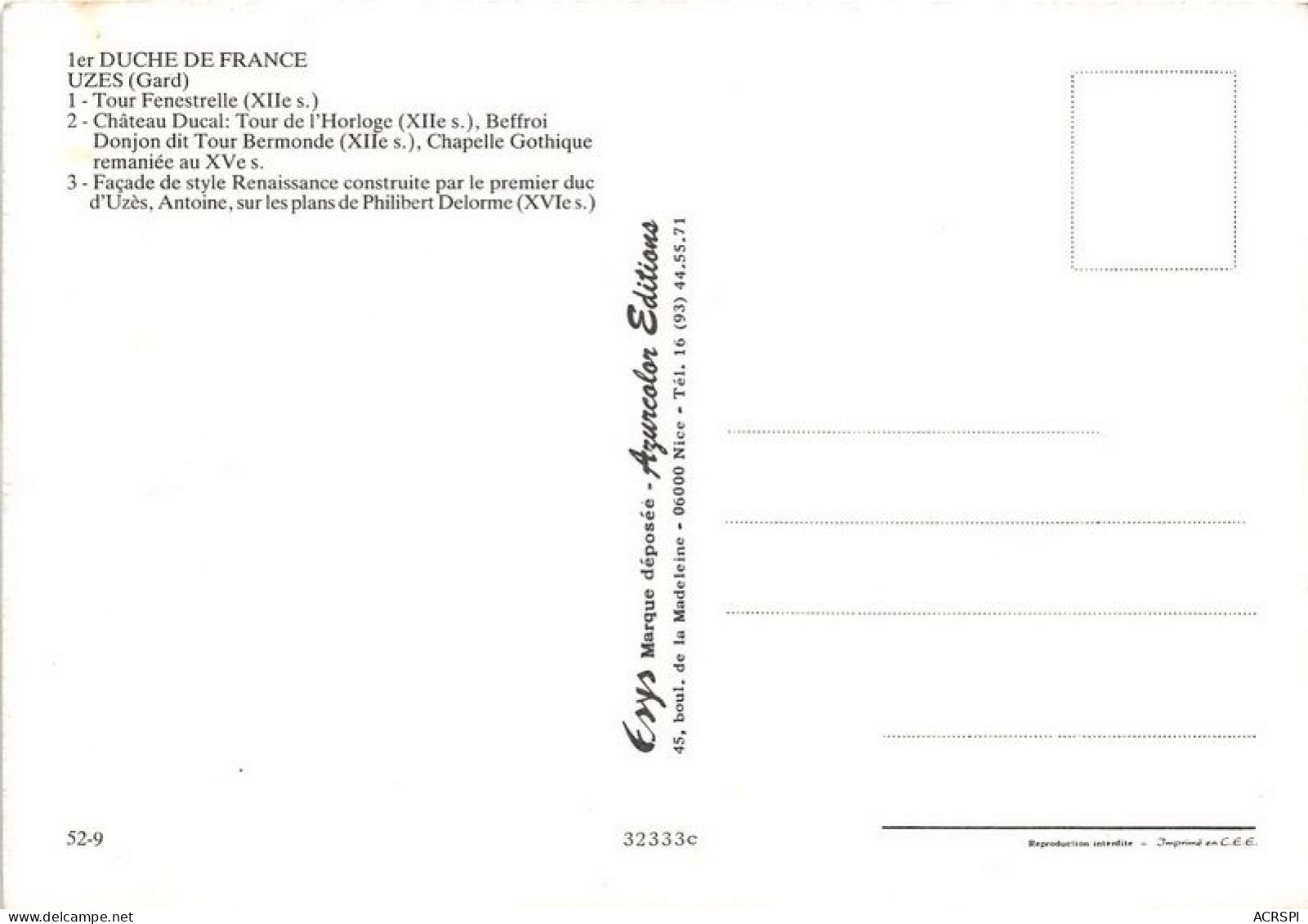 UZES Tour Fenestrelle Chateau Ducal Tour De L Horloge 30(scan Recto-verso) MA1354 - Uzès