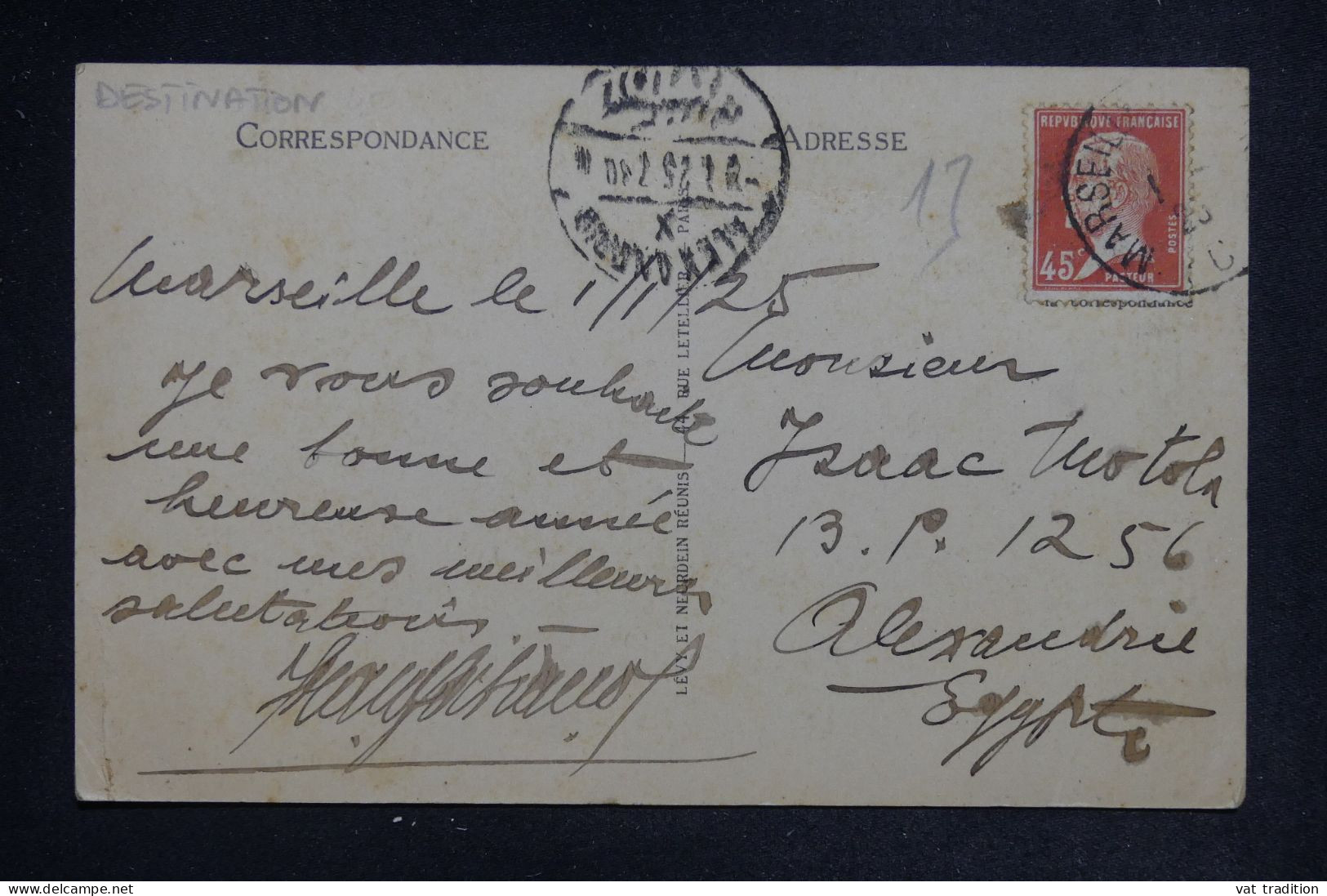 FRANCE - Pasteur 45ct Seul Sur Carte Postale De Marseille Pour Alexandrie En 1925 - L 151970 - 1921-1960: Periodo Moderno