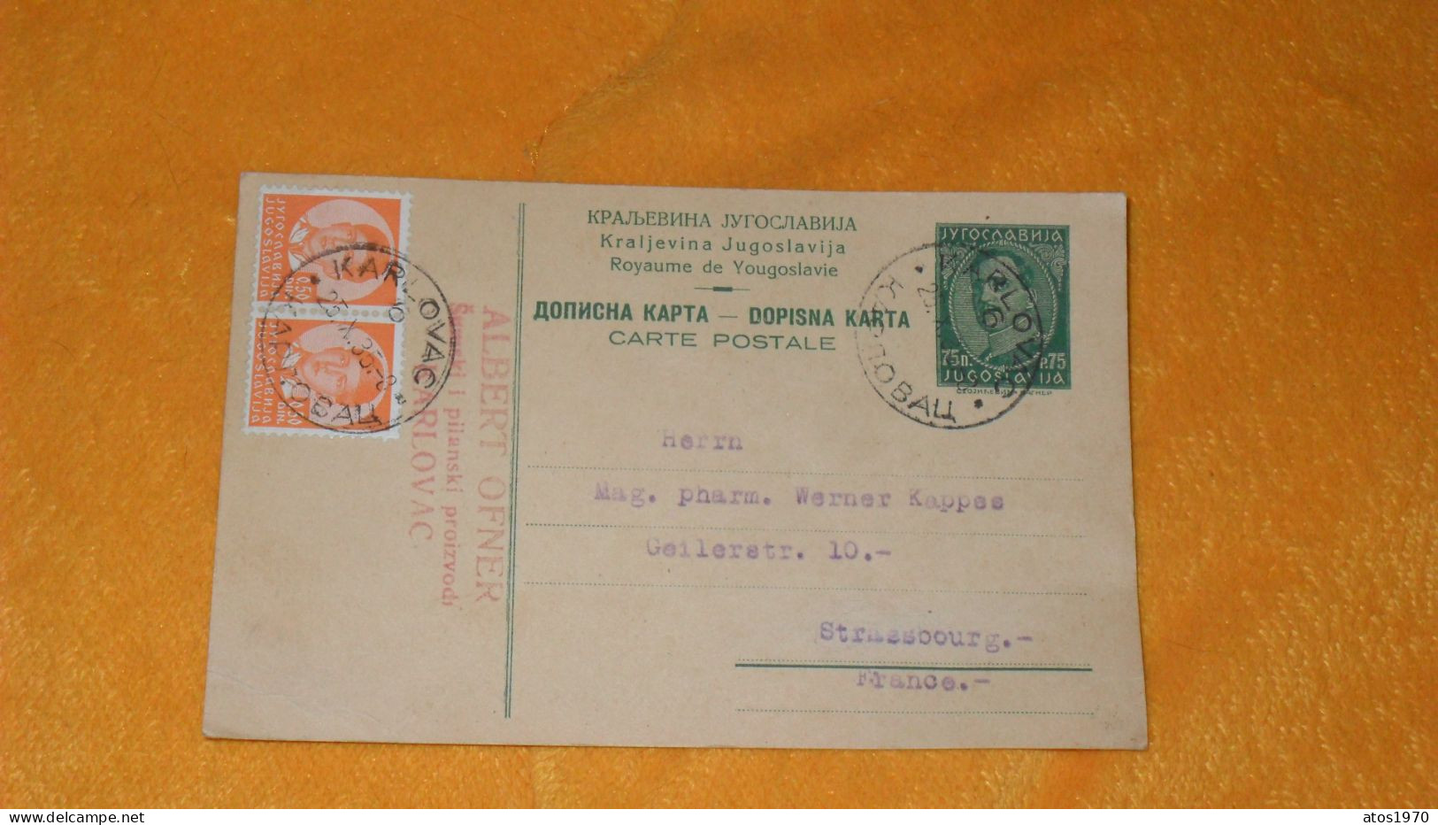 CARTE POSTALE ANCIENNE DE 1935../ CACHETS KARLOVAC YOUGOSLAVIE POUR STRASBOURG..+ TIMBRES X3 DONT ENTIER - Enteros Postales