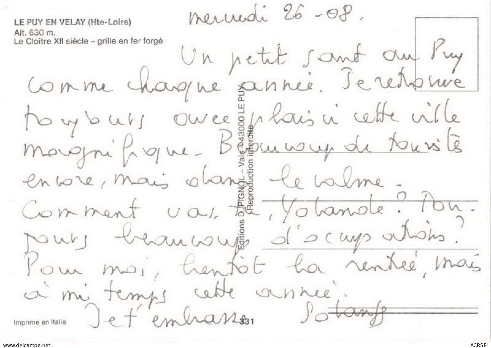 LE PUY Le Cloitre XIIe Siecle Grille En Fer Forge 12(scan Recto-verso) MA1397 - Le Puy En Velay