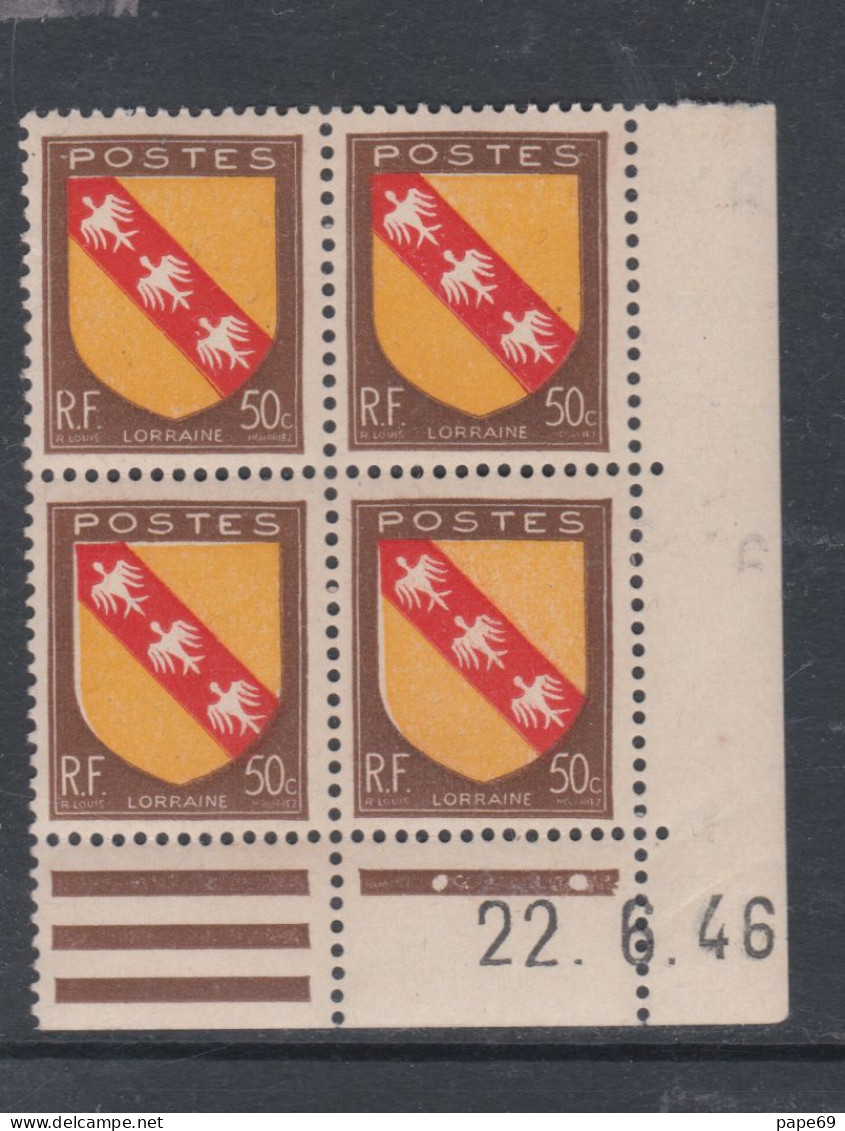 France N° 757 XX : Armoiries De Pro. : Lorraine  En Bloc De 4 Coin Daté Du 22 . 6 . 46 : 1 Point Blanc Sans Char. TB - 1940-1949