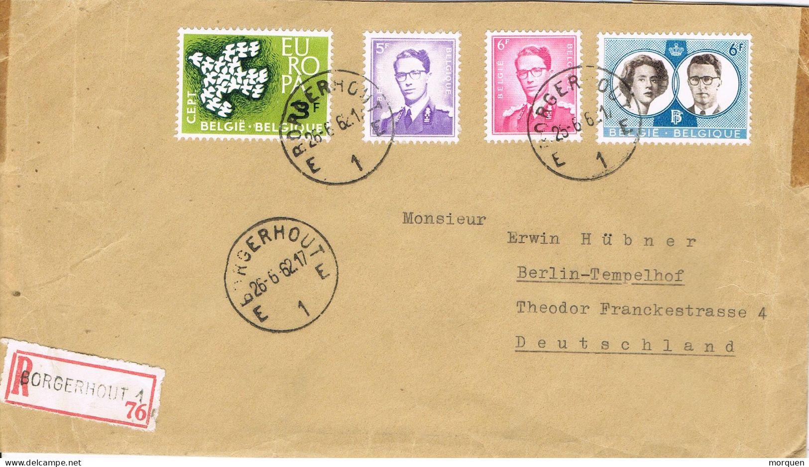 54805. Carta Certificada BORGERHOUT (Belgien) 1962. Tema EUROPA To Berlin. Viñetas, Label Ecole De Philatelie - Briefe U. Dokumente