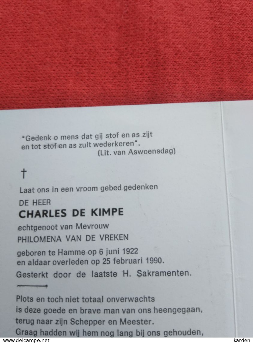 Doodsprentje Charles De Kimpe / Hamme 6/6/1922 -  25/2/1990 ( Philomena Van De Vreken ) - Religión & Esoterismo