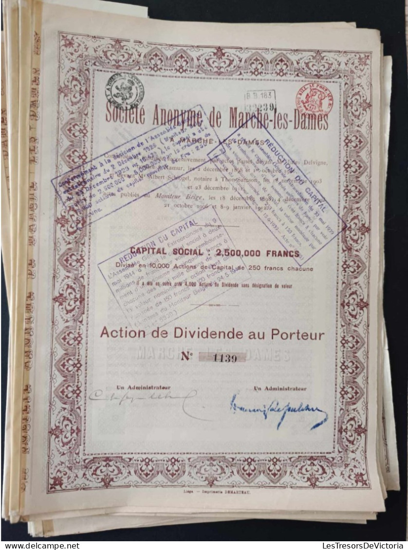 Lot De 17 Actions De La Société Anomyme De Marche Les Dames - Capital Social 2500000 Francs - 250 Francs - Autres & Non Classés