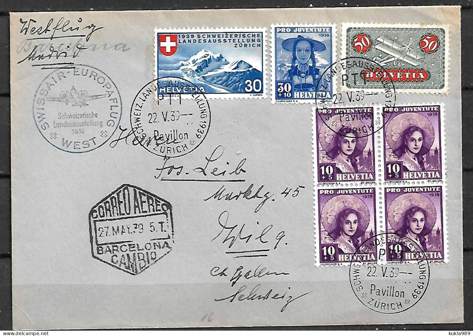 SWITZERLAND STAMPS, 1939 COVER SWISSAIR FLIGHT TO BARCELONA - Storia Postale