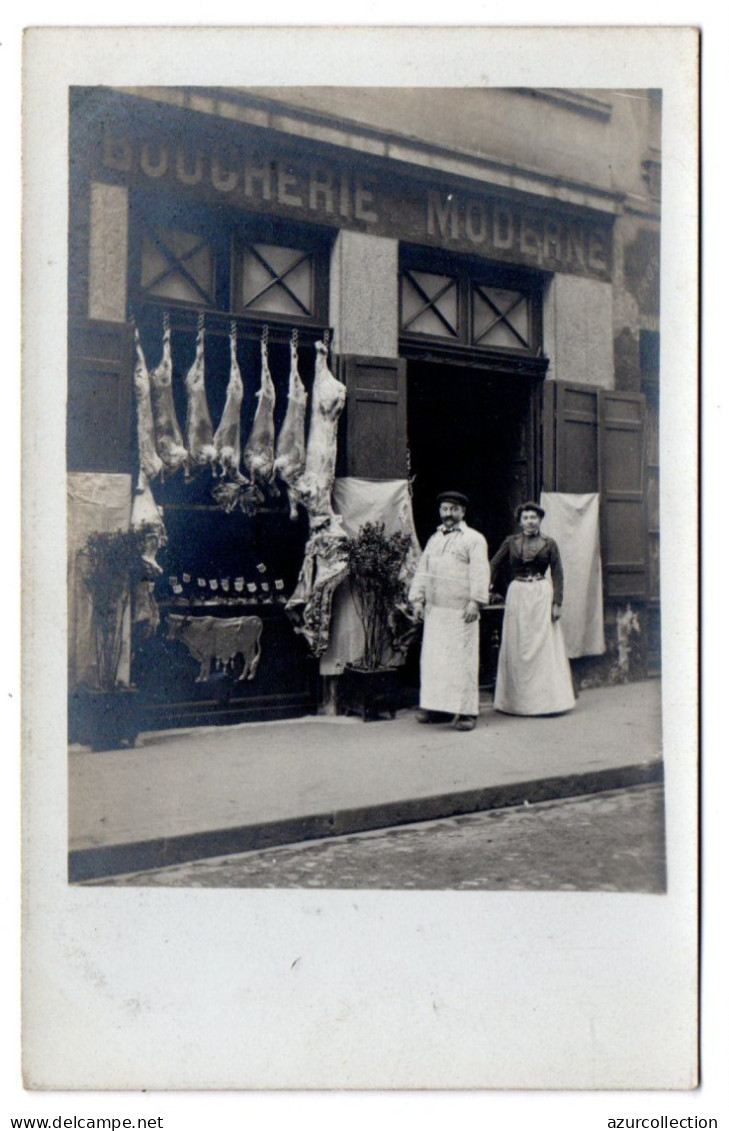 Devanture " Boucherie Moderne ". Carte Photo Animée Non Située - Magasins