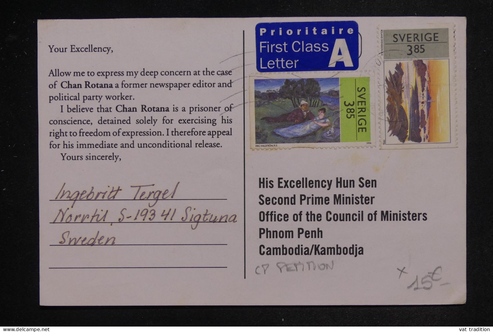 SUEDE - Carte Postale ( Pétition Pour Un Prisonnier Politique ) Pour Le Cambodge En 1996 - L 151975 - Storia Postale