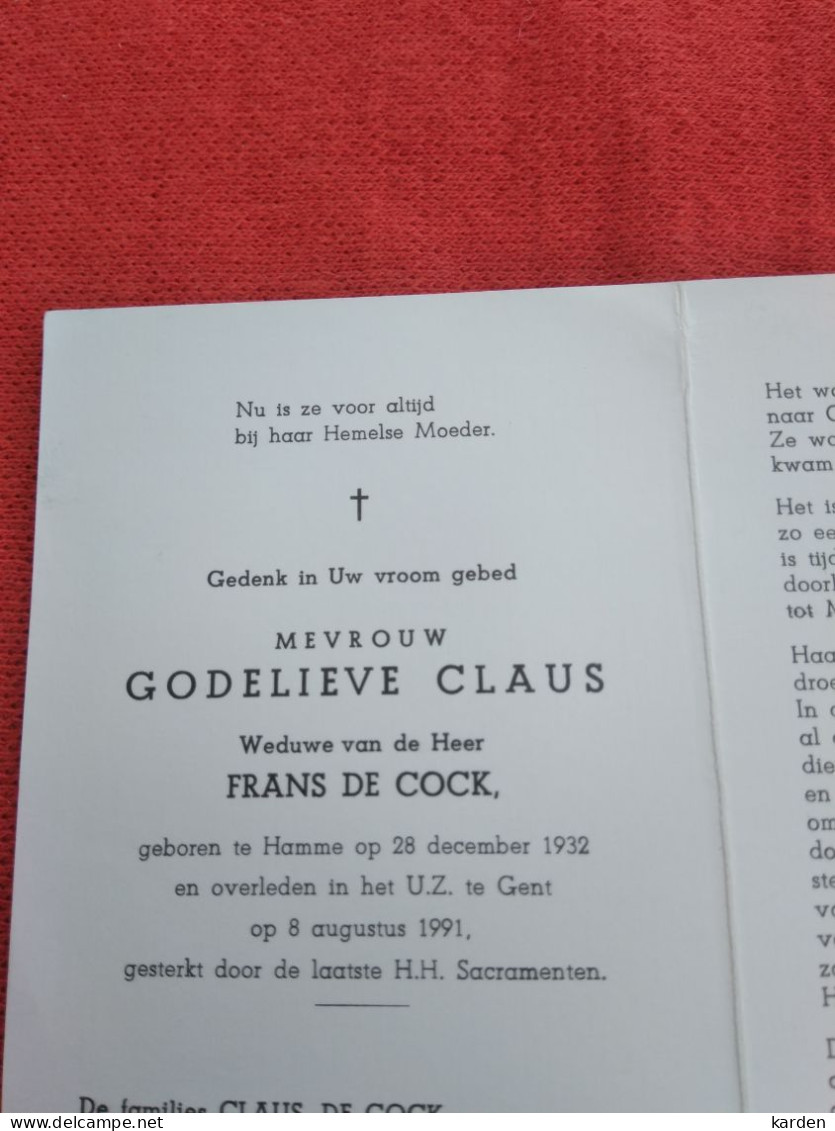 Doodsprentje Godelieve Claus / Hamme 28/12/1932 Gent 8/8/1991 ( Frans De Cock ) - Religion &  Esoterik