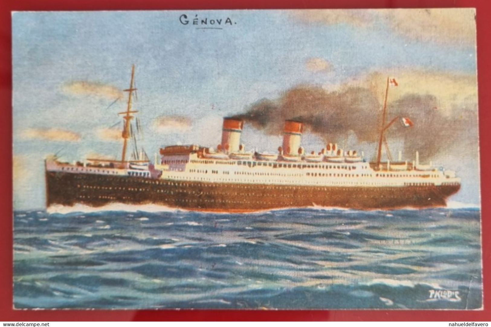 CARTE POSTALE CIRCULÉE À GENOVA, ITALIA, SANS TIMBRE 1934 - P.fo "CONTE BIANCAMANO", Mediterraneo, Sud America Express - Hausboote