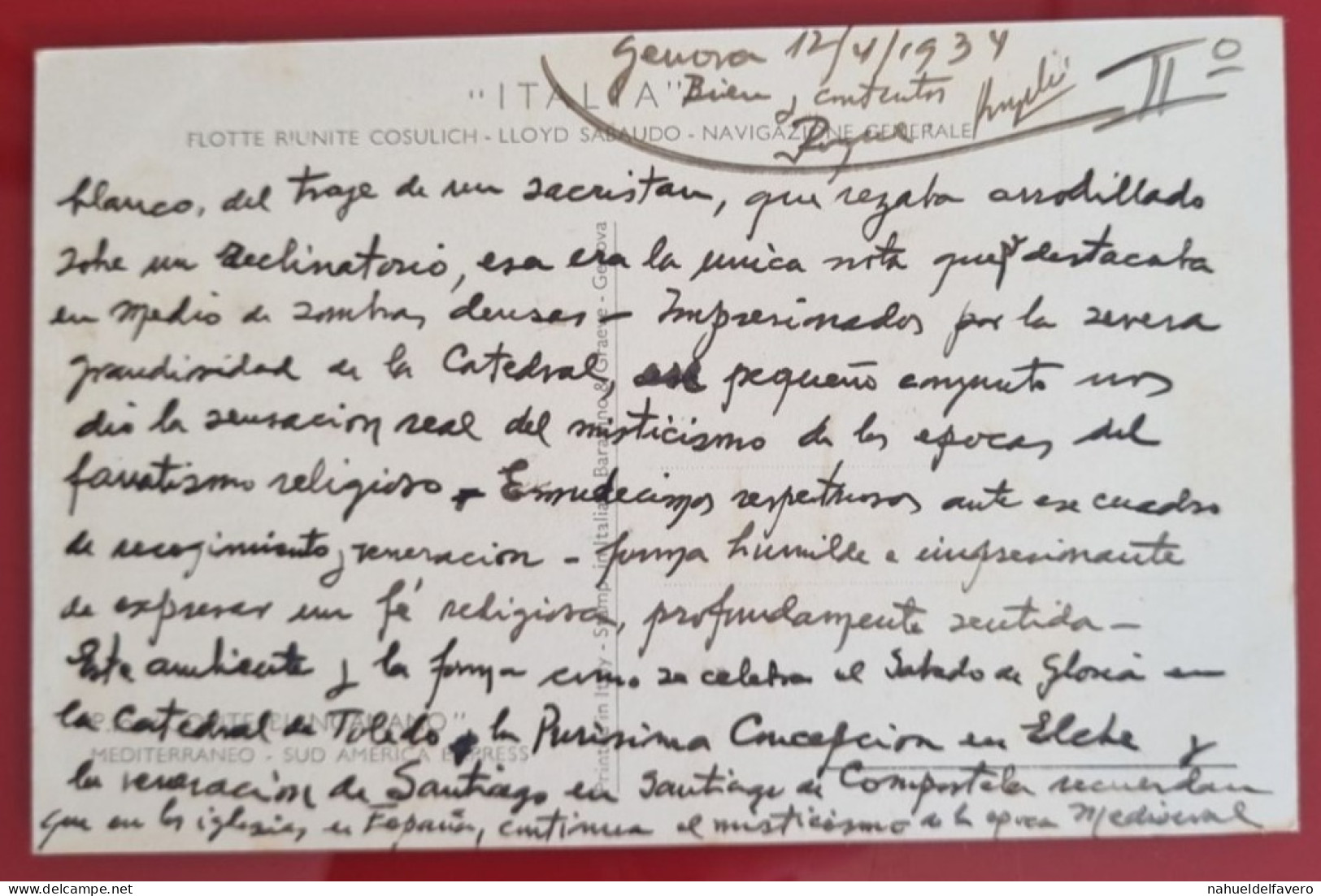 CARTE POSTALE CIRCULÉE À GENOVA, ITALIA, SANS TIMBRE 1934 - P.fo "CONTE BIANCAMANO", Mediterraneo, Sud America Express - Embarcaciones