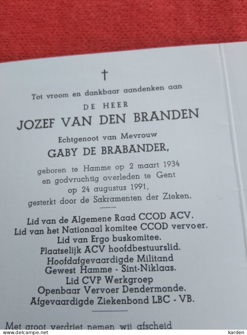 Doodsprentje Jozef Van Den Branden / Hamme 2/3/1934 Gent 24/8/1991 ( Gaby De Brabander ) - Religione & Esoterismo