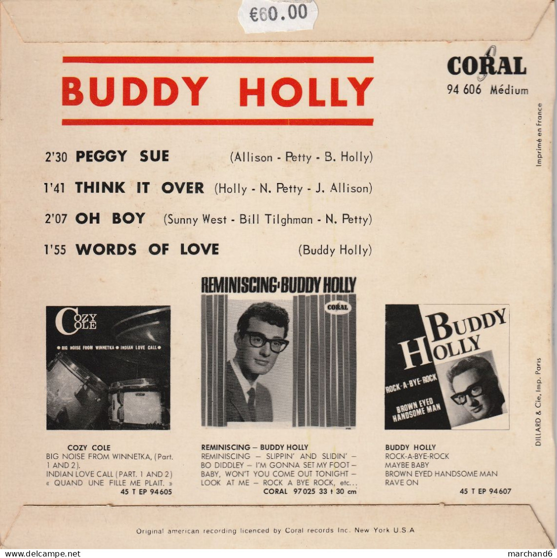 Buddy Holly Biem Coréal 94606 Peggy Sue/think It Over/oh Boy/words Of Love - Sonstige - Englische Musik