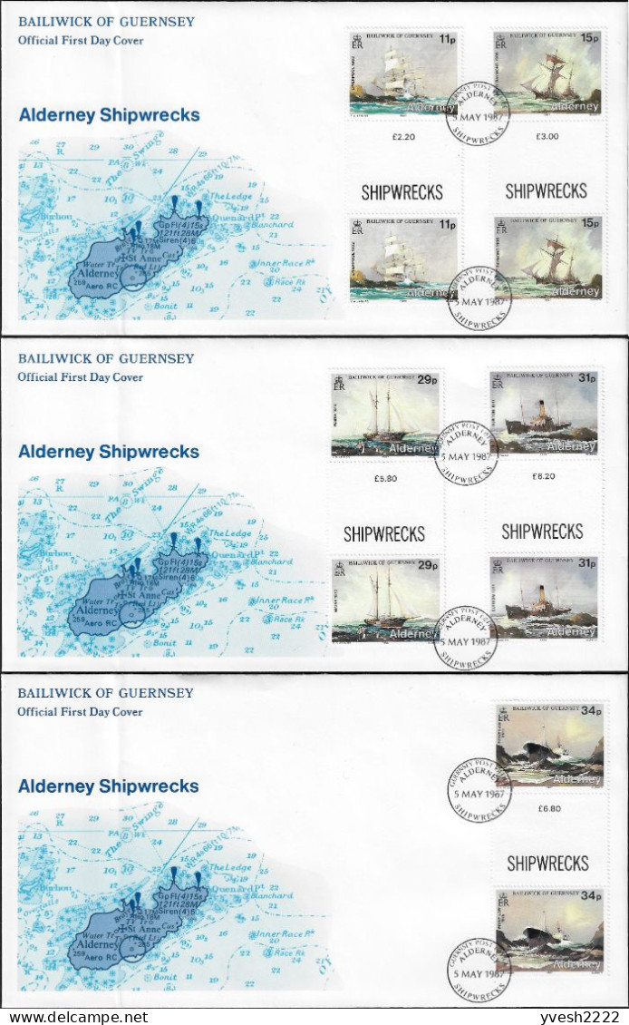 Aurigny, Alderney 1987 Y&T 32 à 36. Naufrages Aux Alentours De L'île, Navires Et Voiliers En Perdition. Gutter Pairs - Boten