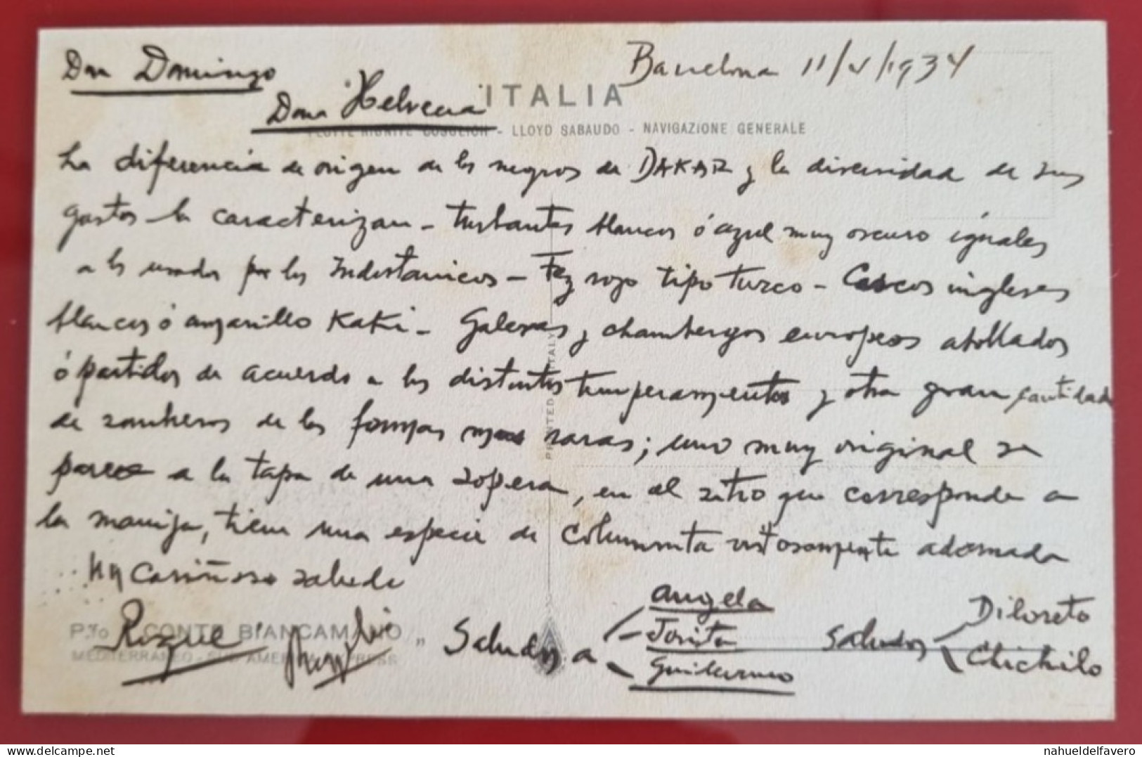 CARTE POSTALE CIRCULÉE À BARCELONA, SANS TIMBRE 1934 - P.fo "CONTE BIANCAMANO", Mediterraneo, Sud America Express - Chiatte, Barconi