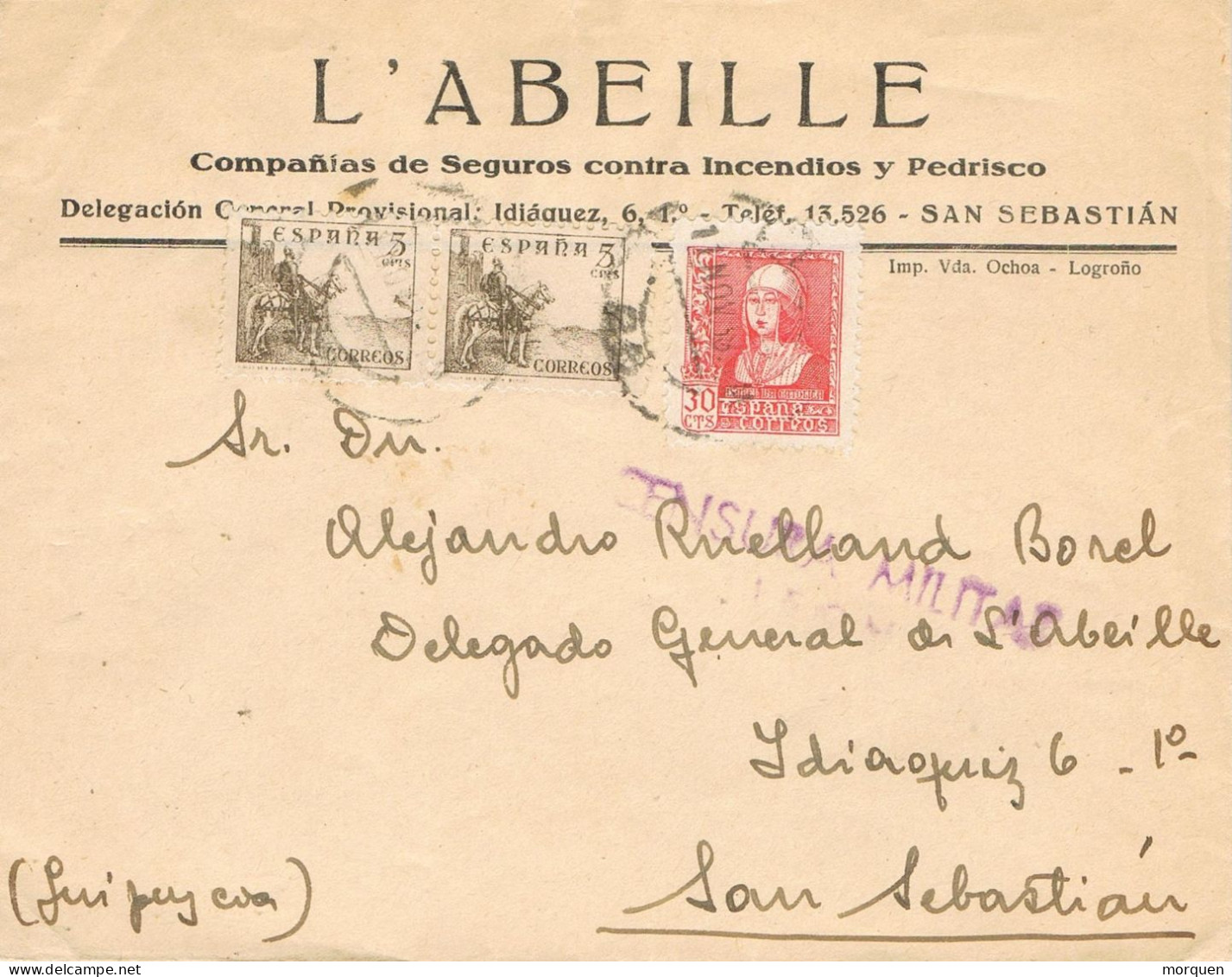 54809. Carta Comercial L'Abeille LEON 1939. Guerra Civil, CENSURA MILITAR, Membrete San Sebastian - Covers & Documents