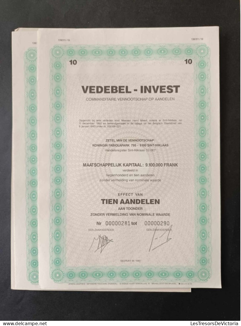 Action  De La Compagnie Vedebel Invest - Effect Van Tien Aandelen - Lot De 2 - Bank & Insurance