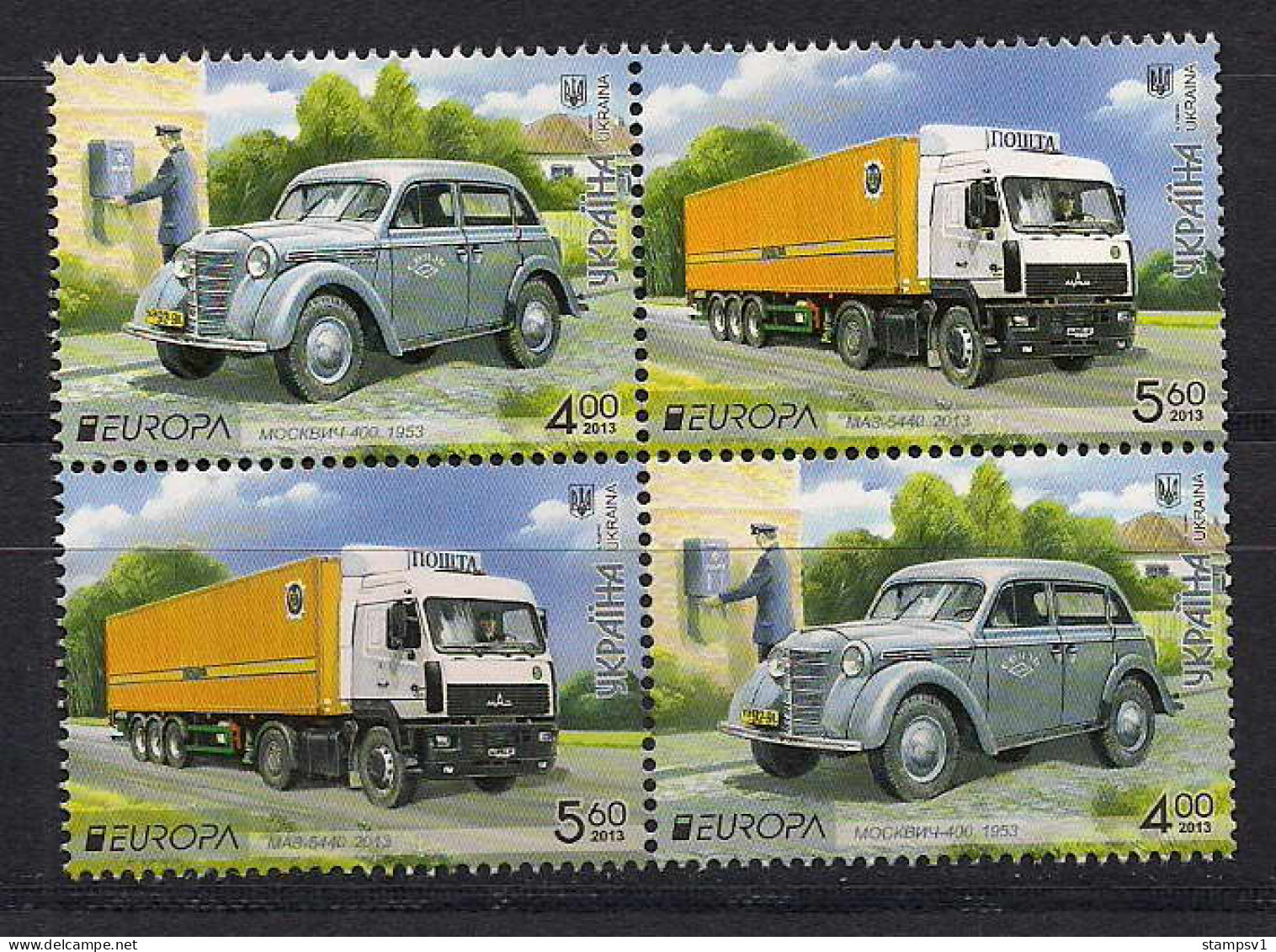 Ukraine 2013 Europa. Postman Van. Mi 1334-35A Zd Block Of Four - Ucrania