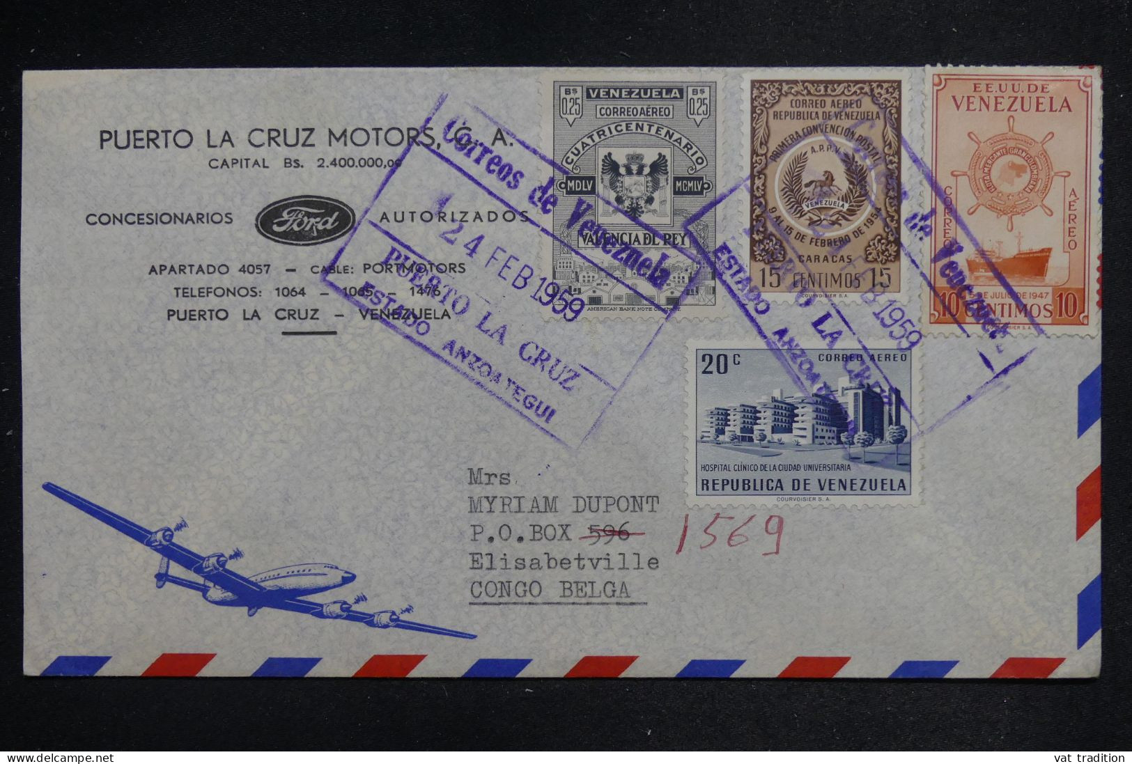 VENEZUELA - Enveloppe Commerciale De Puerto  La Cruz Pour Le Congo Belge En 1959  - L 151982 - Venezuela