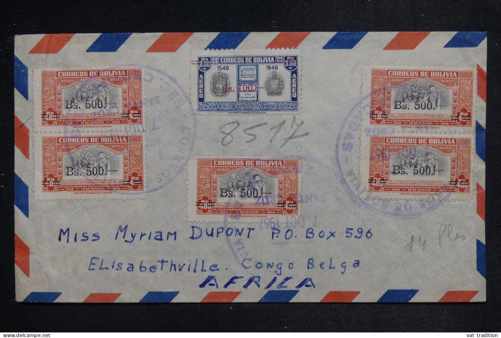 BOLIVIE - Enveloppe De Santa Cruz Pour Le Congo Belge En 1957 - L 151984 - Bolivien