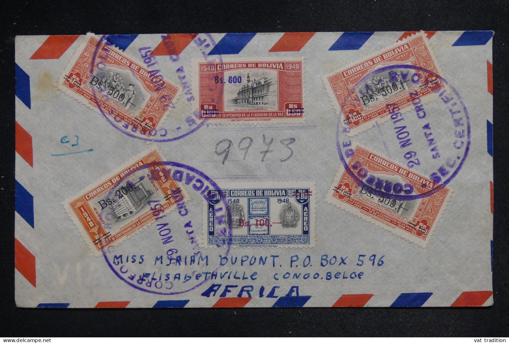 BOLIVIE - Enveloppe De Santa Cruz Pour Le Congo Belge En 1957 - L 151985 - Bolivie