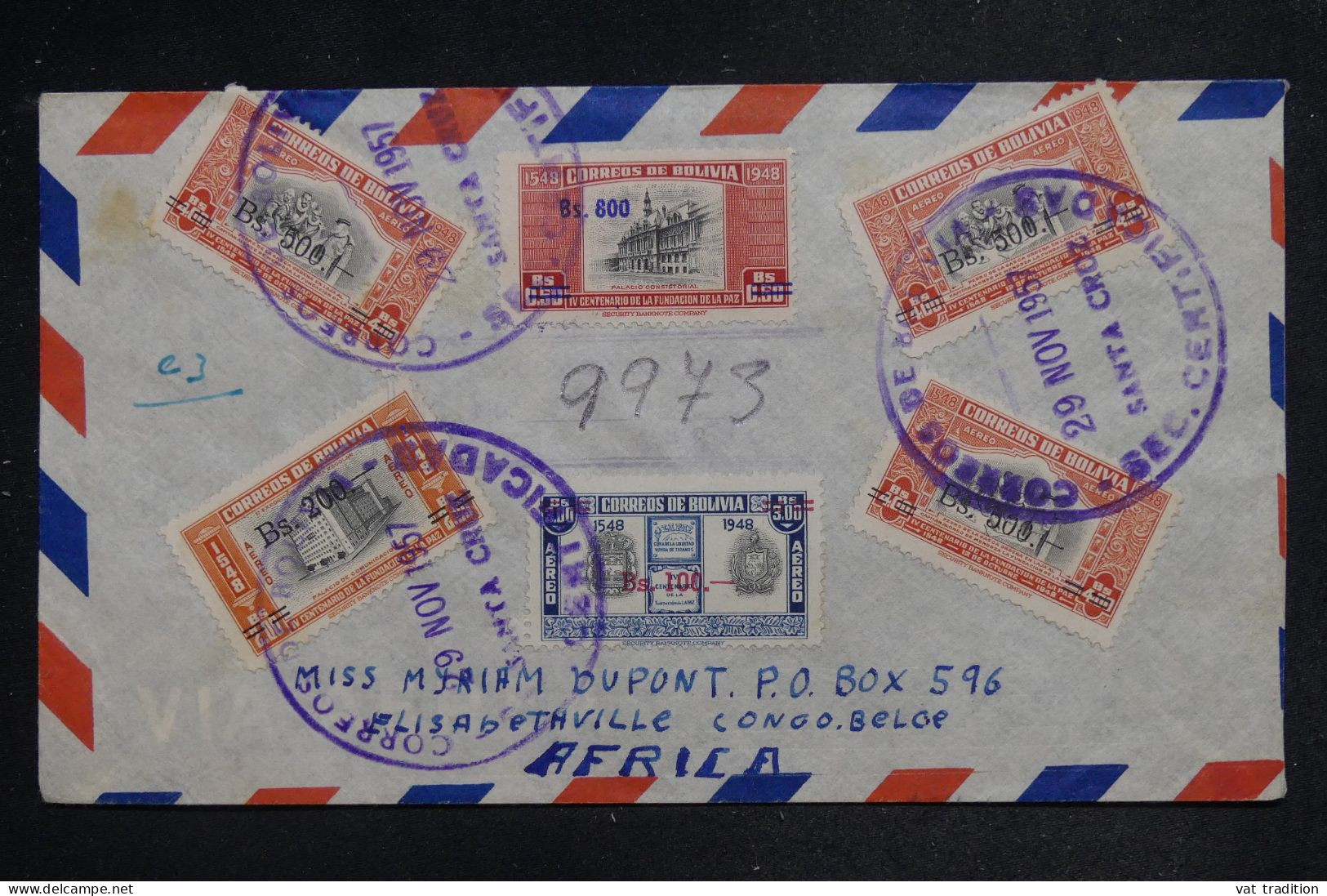 BOLIVIE - Enveloppe De Santa Cruz Pour Le Congo Belge En 1957 - L 151985 - Bolivien