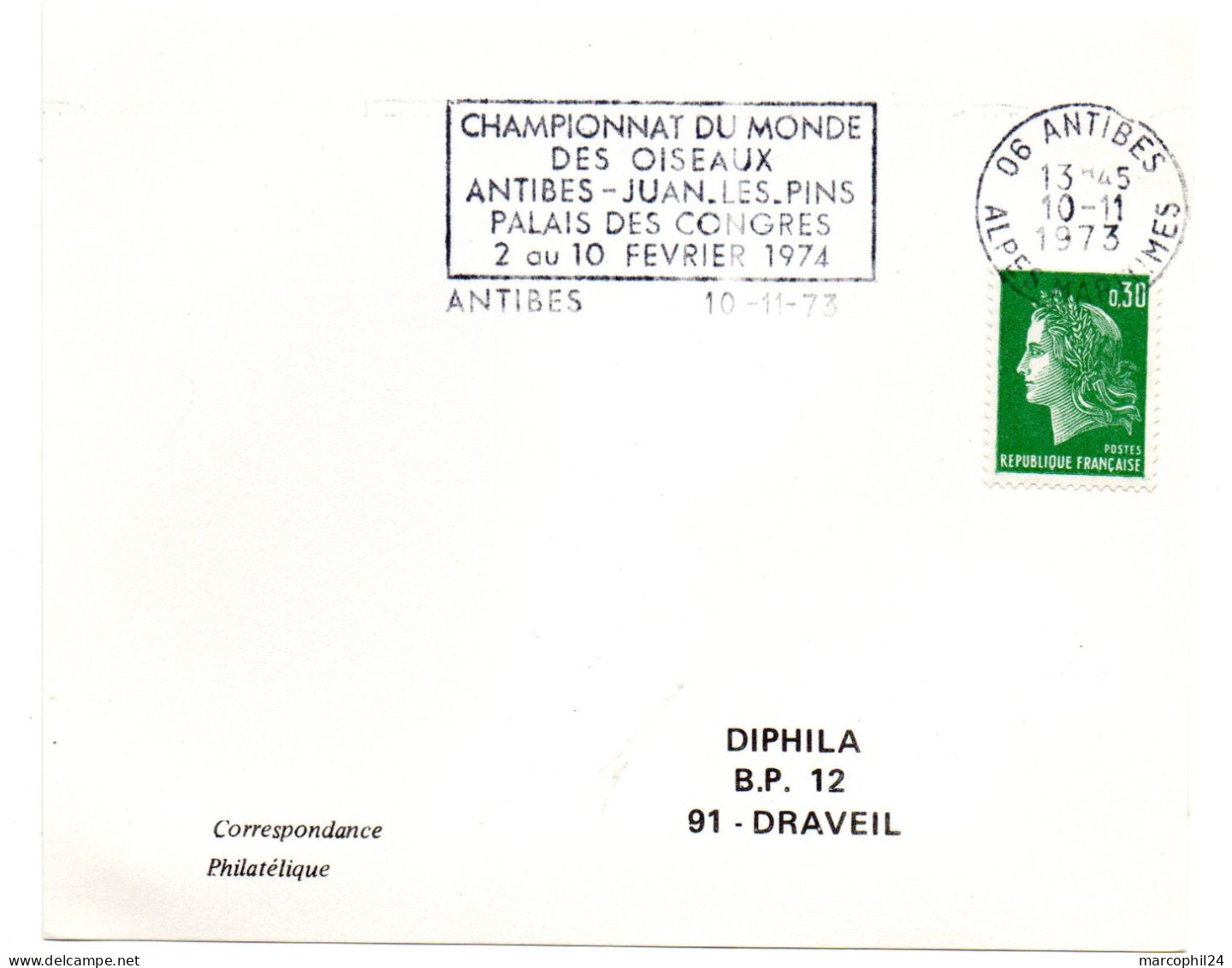 OISEAU / OISEAUX = 06 ANTIBES 1973 = FLAMME Type II = SECAP = 1974 / Championnat Du Monde Juan Les Pins Sur CARTE - Mechanical Postmarks (Advertisement)