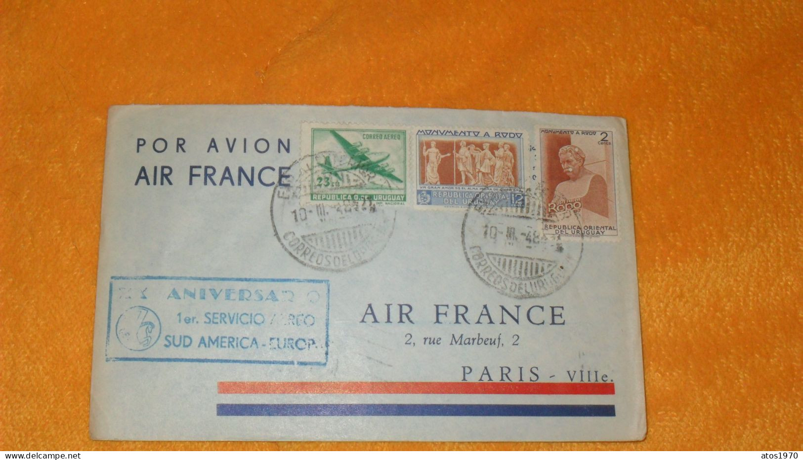 ENVELOPPE ANCIENNE DE 1948../ XX ANIVERSARIO. 1ER. SERVICIO AEREO SUD AMERICA - EUROPA..CACHETS URUGUAY TIMBRES X3 - Uruguay