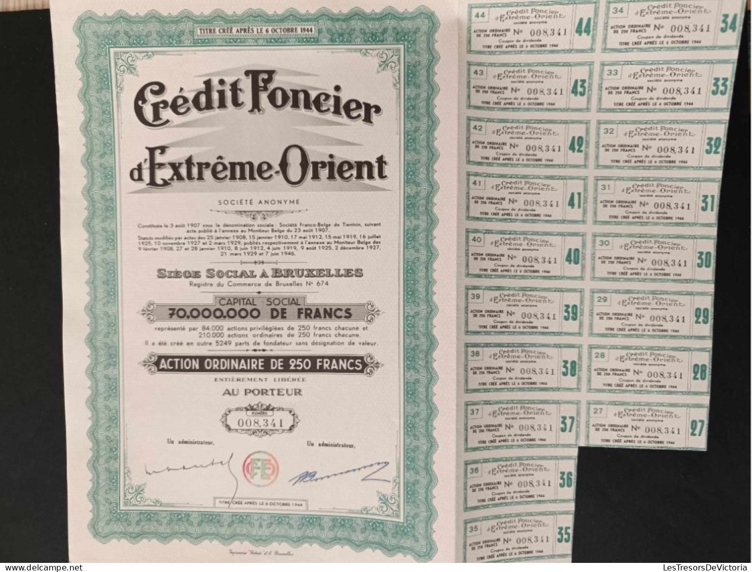 Action  De La Compagnie Crédit Foncier D'extrème Orient - Action Ordinaire De 250 Francs - Au Porteur - Bank & Insurance