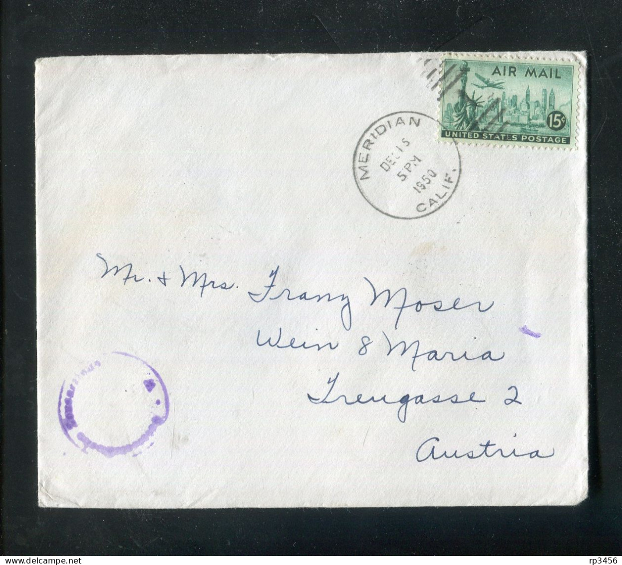 "USA" 1950, Brief Mit "ZENSUR" (Oesterreichische Zensurstelle) Ex Meridian Nach Oesterreich, Rs. Spendenmarke (R1134) - Storia Postale