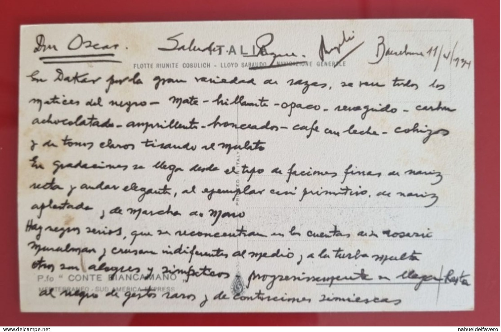 CARTE POSTALE CIRCULÉE À BARCELONA, SANS TIMBRE 1934 - P.fo "CONTE BIANCAMANO", Mediterraneo, Sud America Express - Hausboote