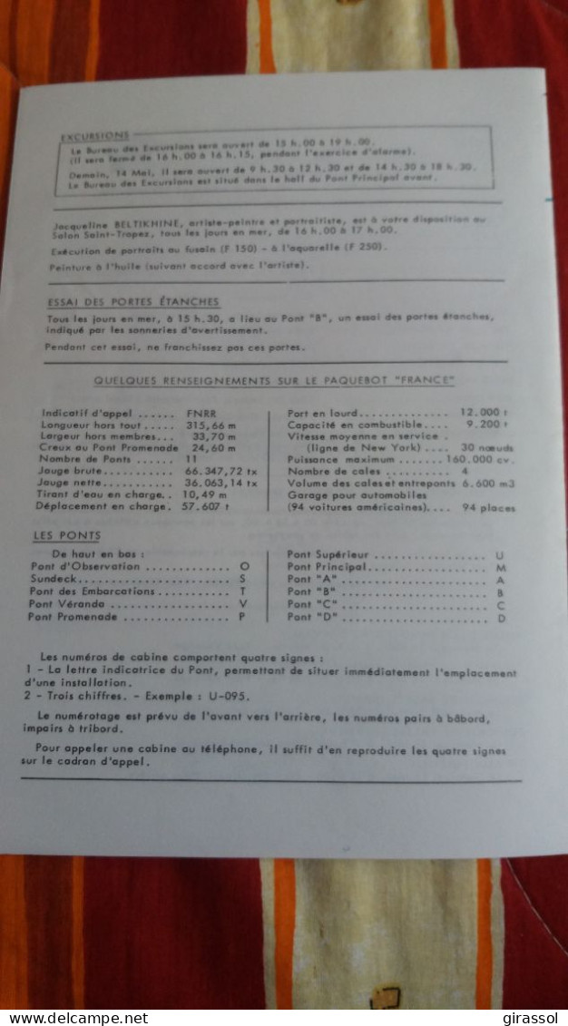 PROGRAMME CROISIERE PORTUGAISE DU PAQUEBOT FRANCE LISBONNE 13 MAI 1973 FORMAT 24 17 CM - Programma's